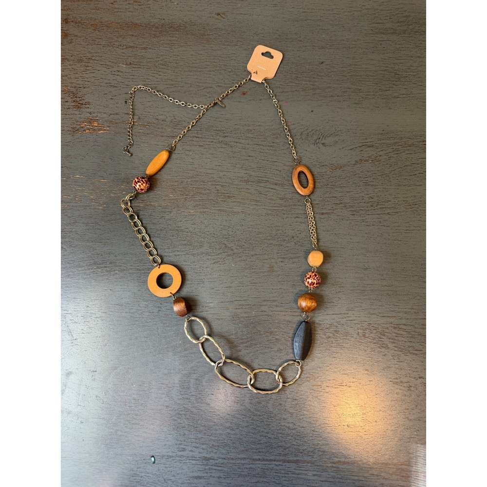 Avenue Wood Bead Hammered Link Leopard Print Station Necklace Gold Tone Long